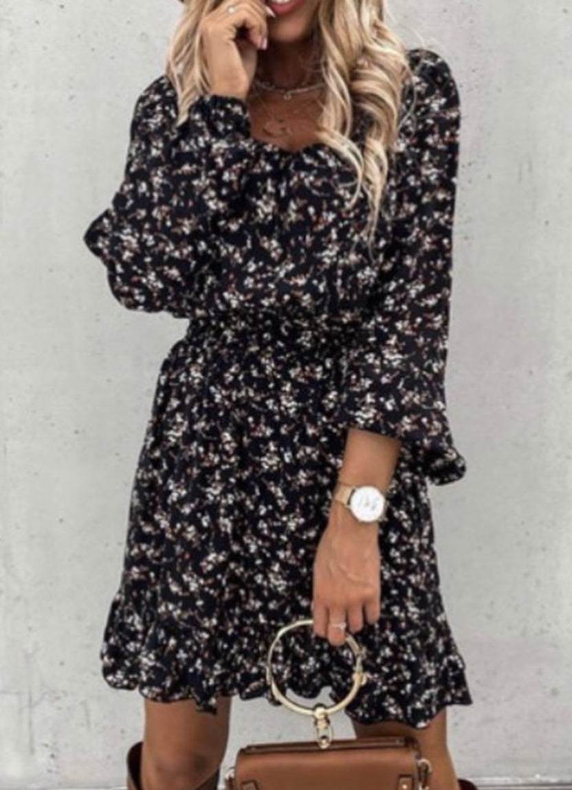 Smocked Waist Ruffled Long Sleeve Mini Dress