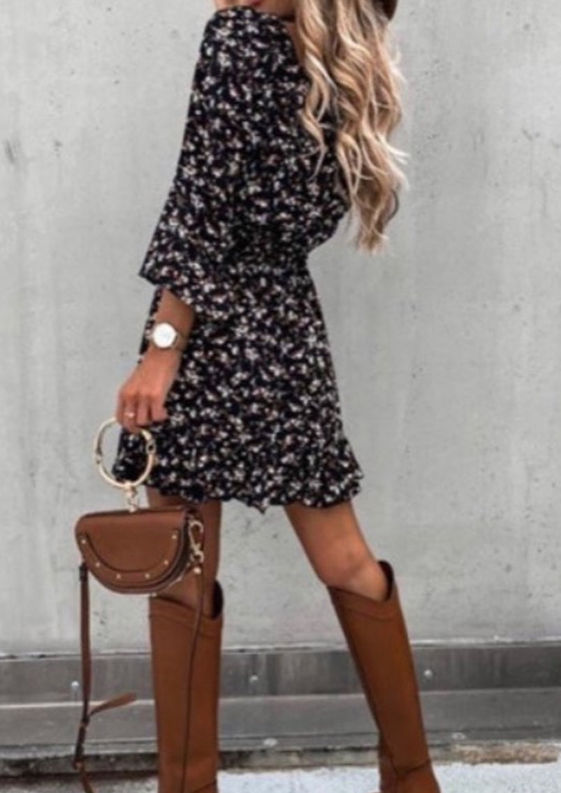 Smocked Waist Ruffled Long Sleeve Mini Dress