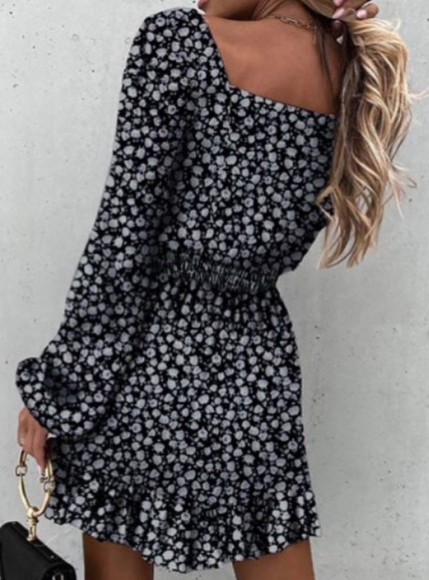 Black Smocked Waist Ruffled Long Sleeve Mini Dress
