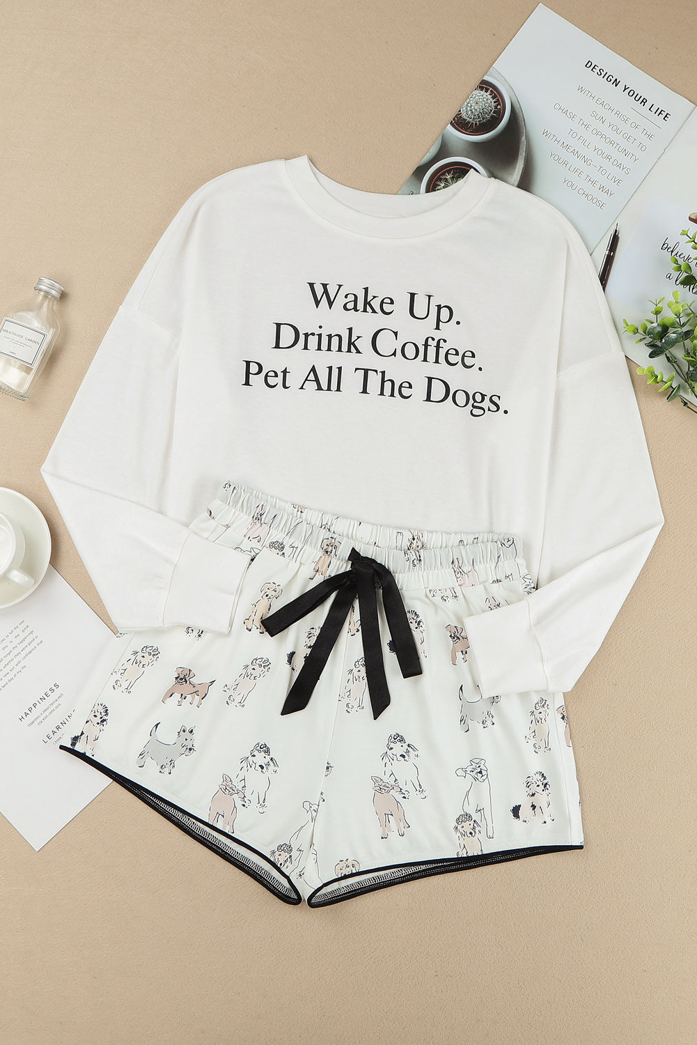 Doggie Print Shorts with Long Sleeve Pajama Set