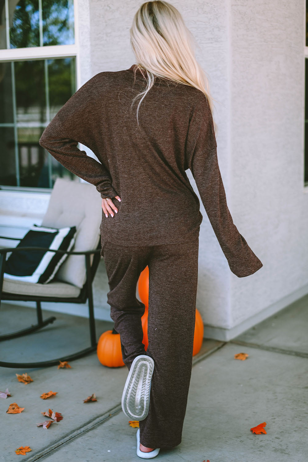 Brown Ribbed Knit Collared Henley Top and Pants Lounge Set