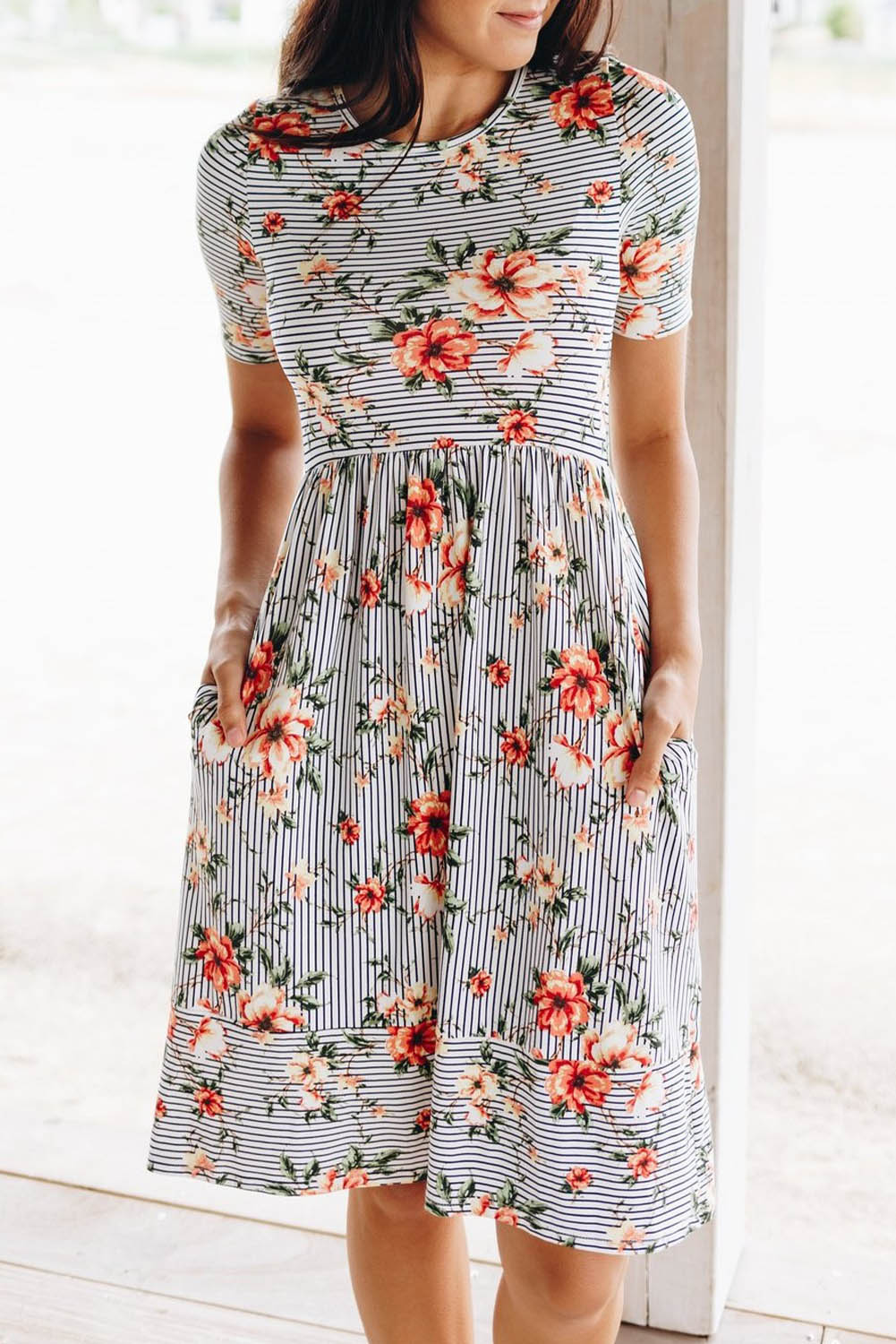 Floral Print Short Sleeve Midi Dress