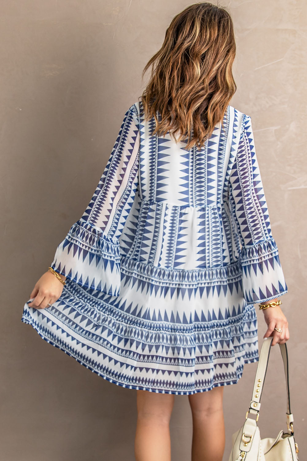 Blue Geometric Printed Flared Long Sleeve Mini Dress