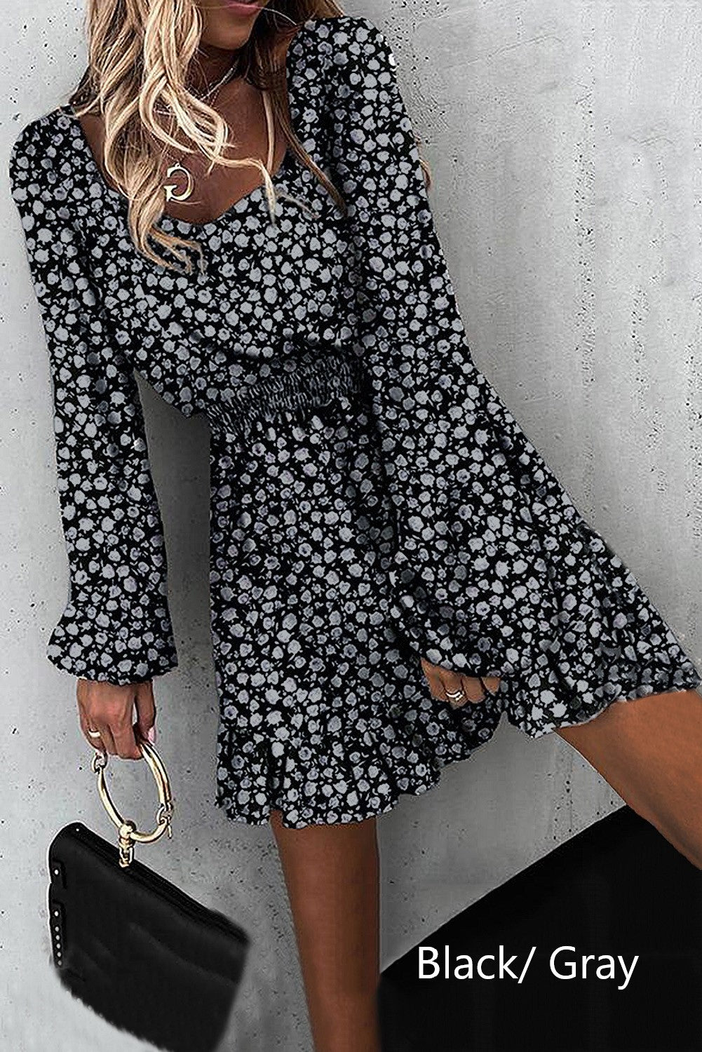 Black Smocked Waist Ruffled Long Sleeve Mini Dress