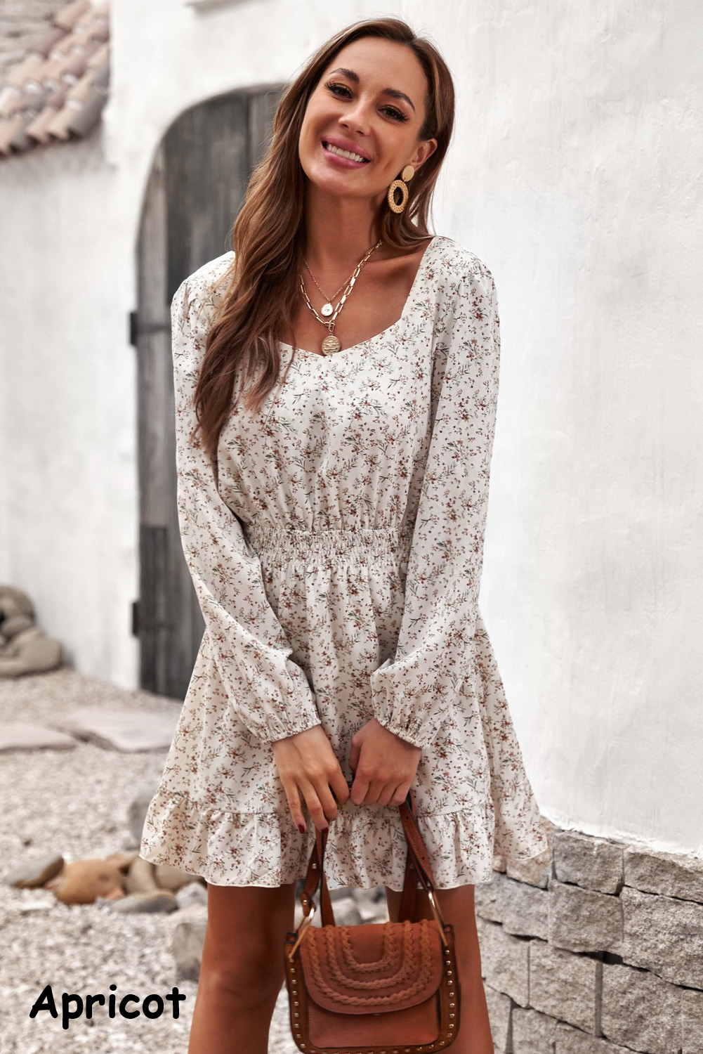 Beige Smocked Waist Ruffled Long Sleeve Mini Dress