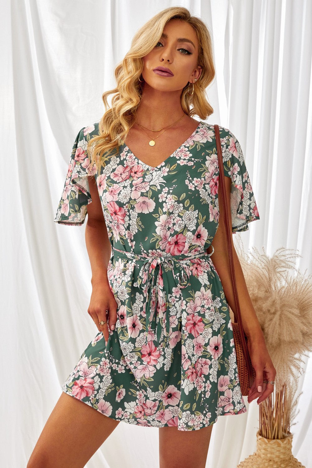 Green Floral V Neck Open Back Mini Dress