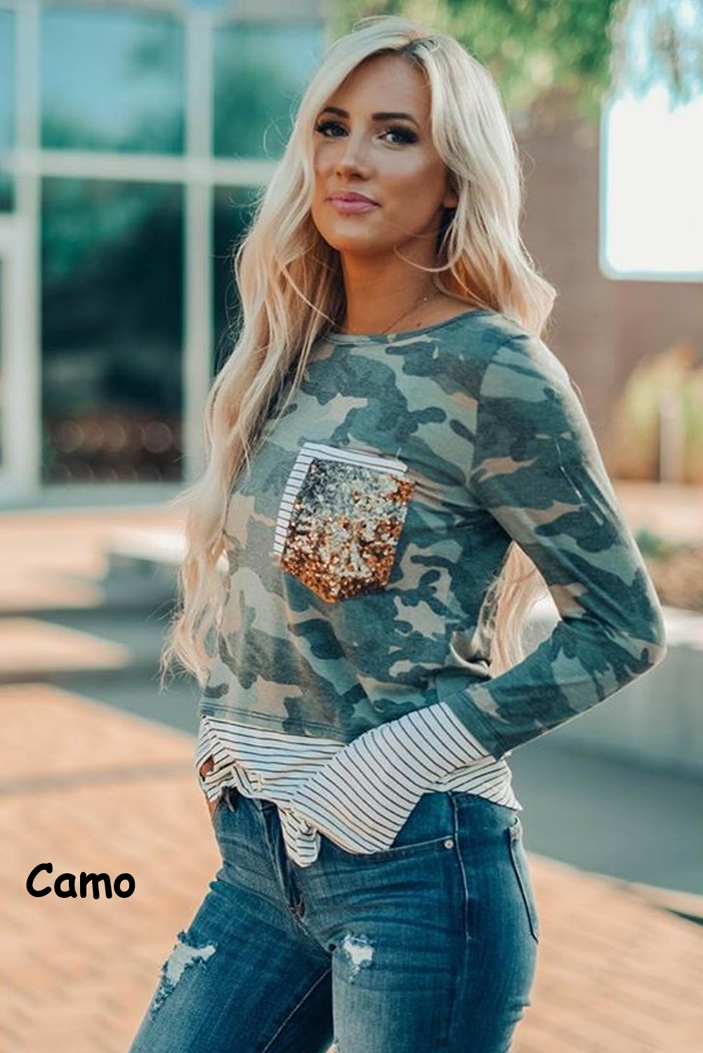 Sequin Front Pocket Long Sleeve Top | 3 Colors |