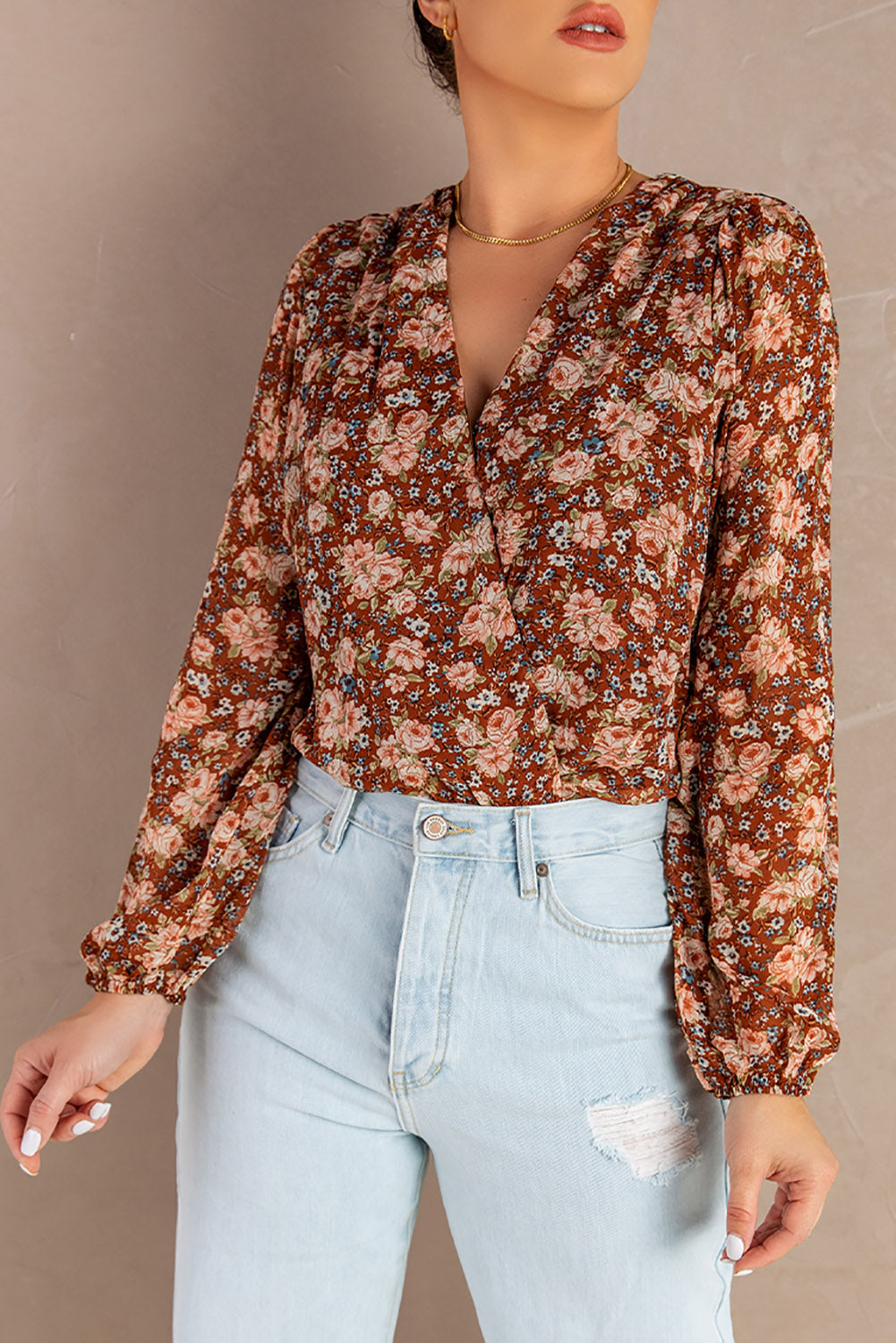 Floral Bubble Sleeve V Neck Wrap Blouse