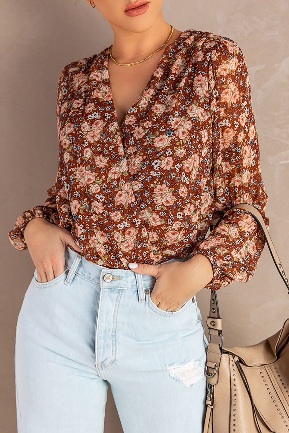 Floral Bubble Sleeve V Neck Wrap Blouse