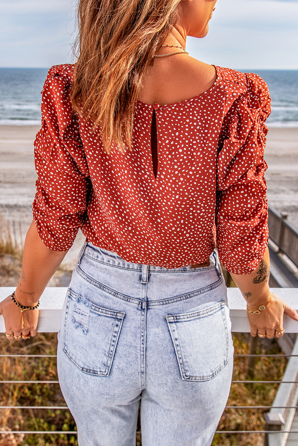 Polka Dot Print Smocked Keyhole Back Top
