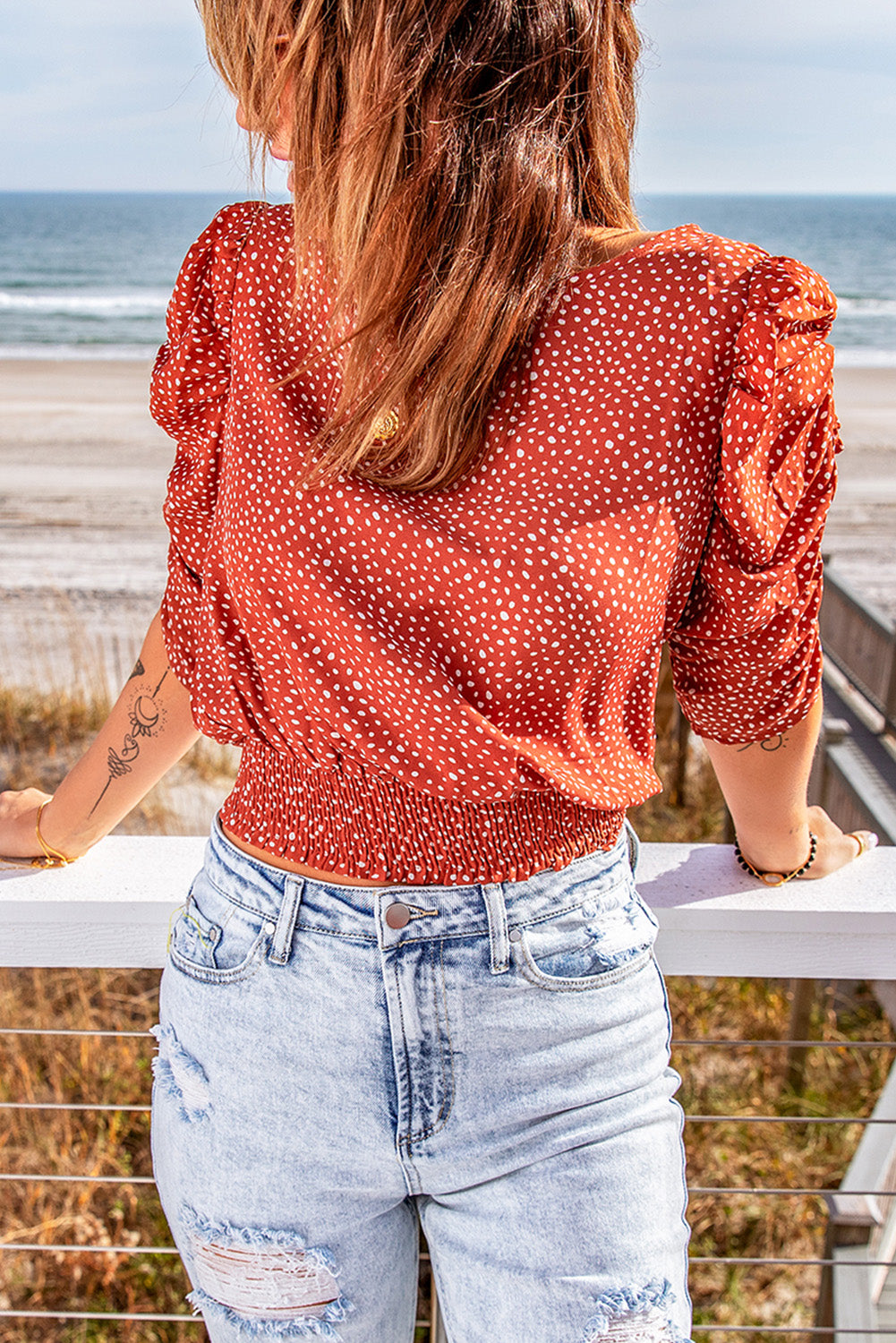 Polka Dot Print Smocked Keyhole Back Top