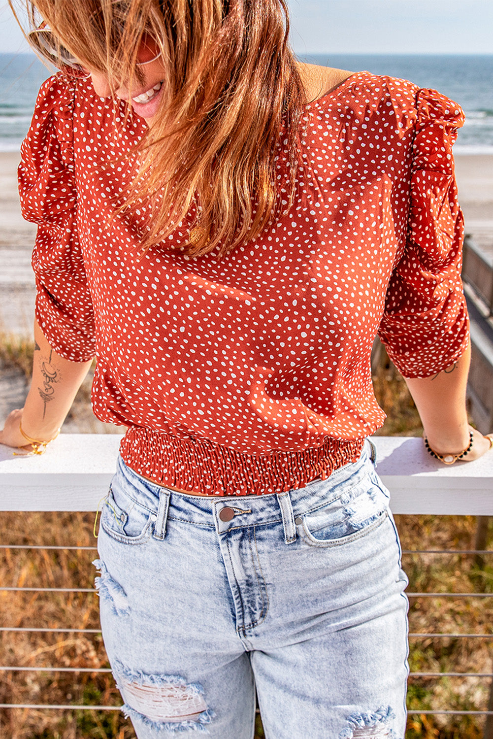 Polka Dot Print Smocked Keyhole Back Top