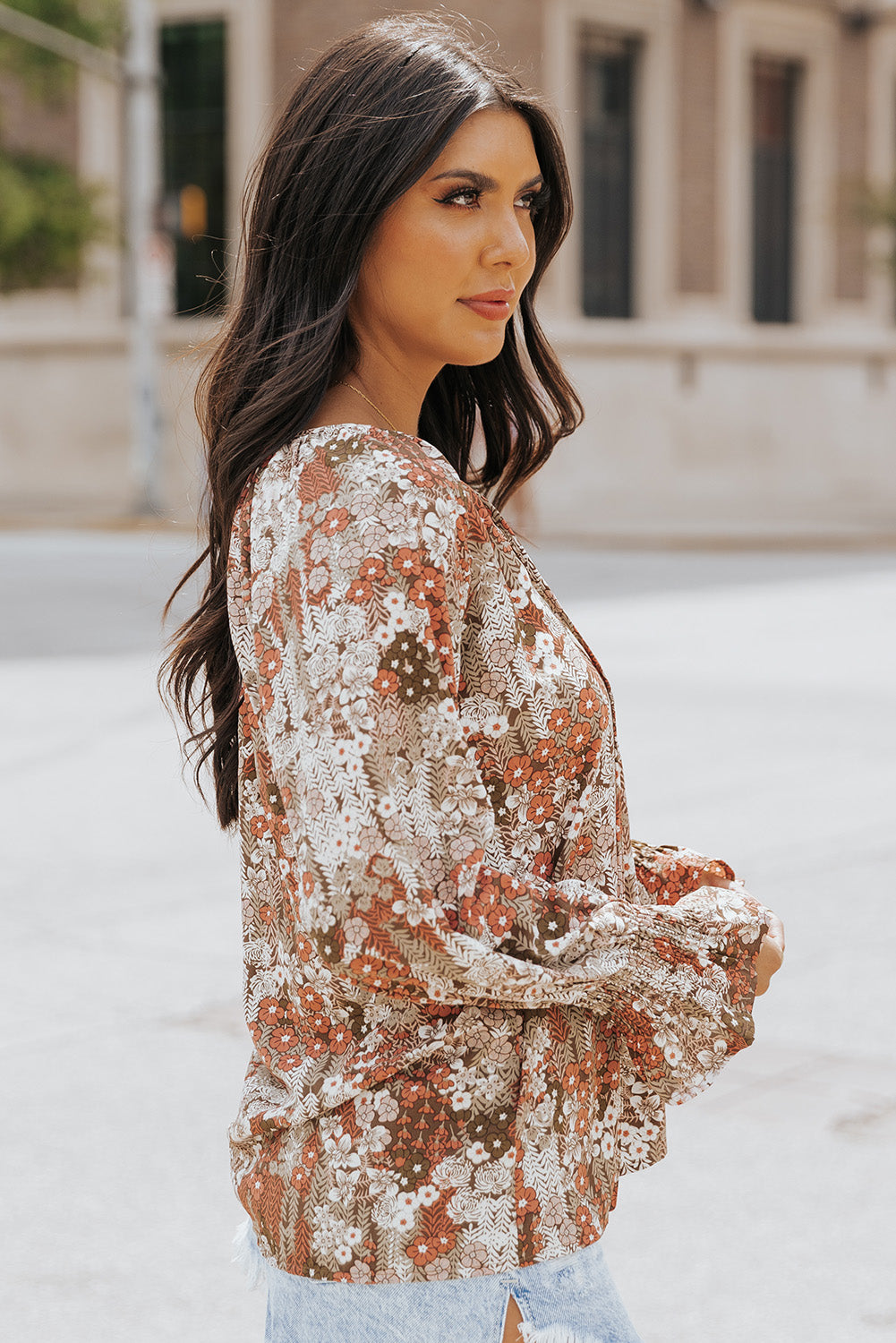 Floral Long Sleeve Lace-up V Neck Blouse