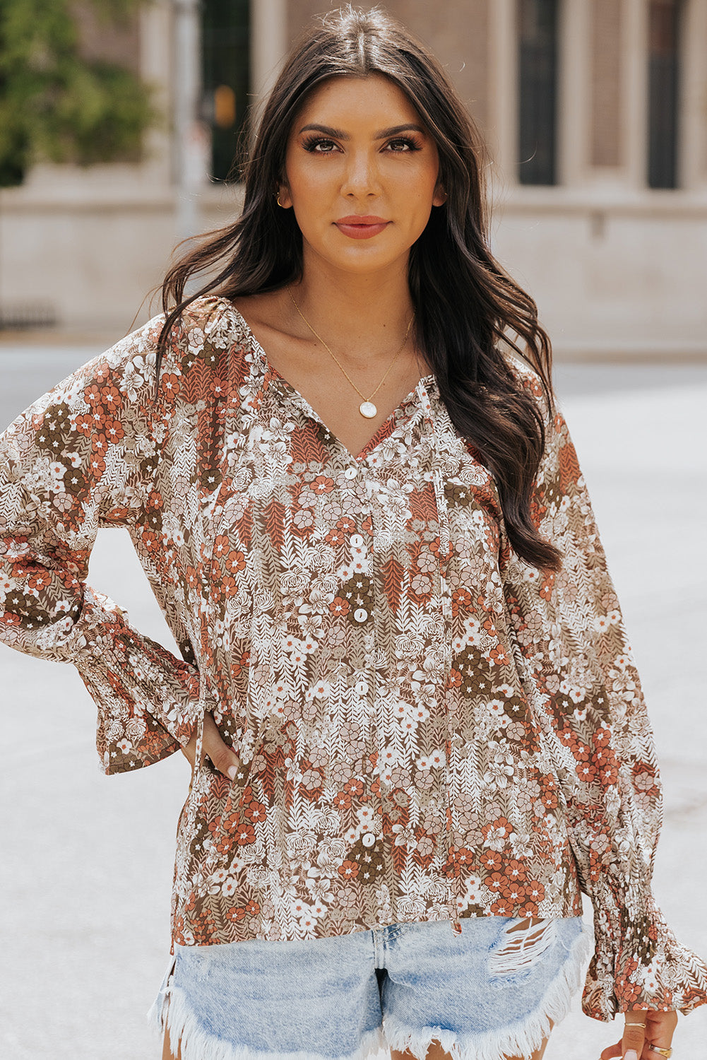 Floral Long Sleeve Lace-up V Neck Blouse