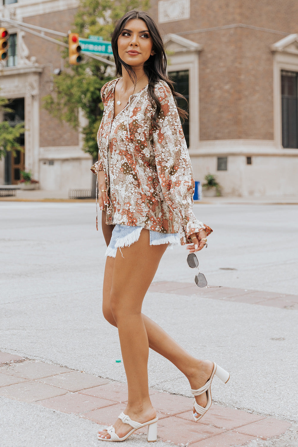 Floral Long Sleeve Lace-up V Neck Blouse