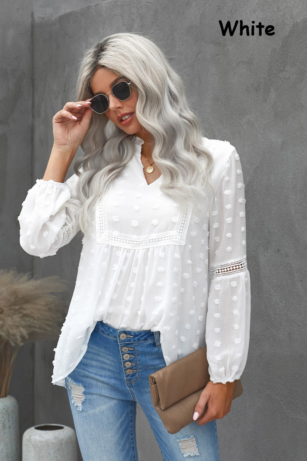 Ruffled Split Neck Lace Hollow Out Puff Sleeve Polka Dot Blouse | 4 Colors |