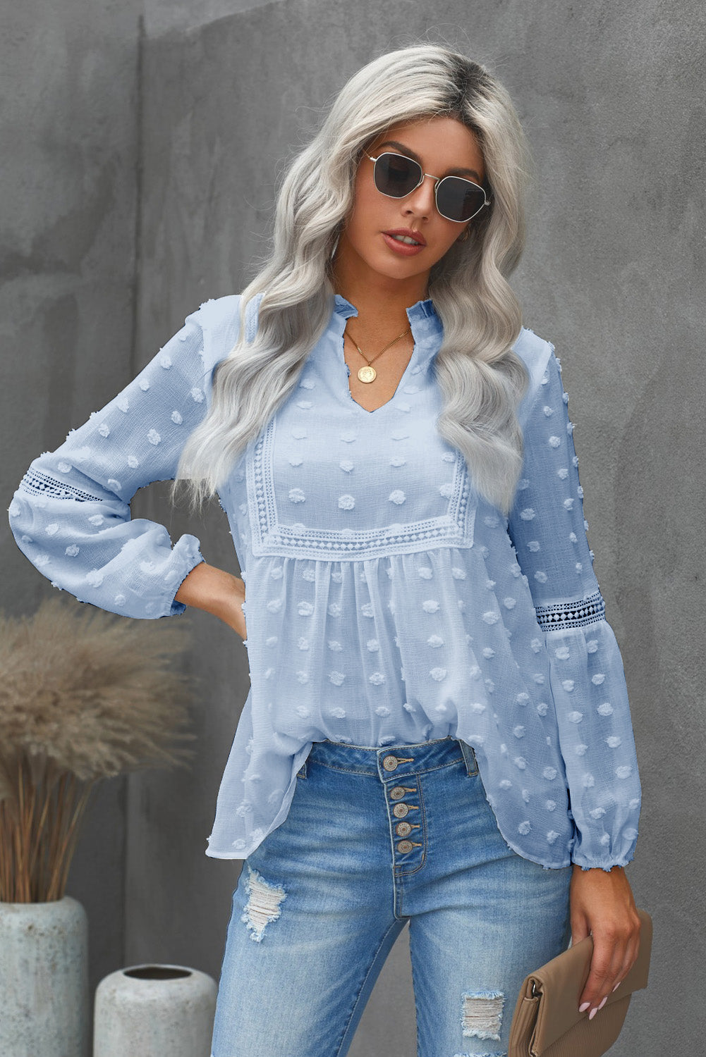 Ruffled Split Neck Lace Hollow Out Puff Sleeve Polka Dot Blouse | 4 Colors |