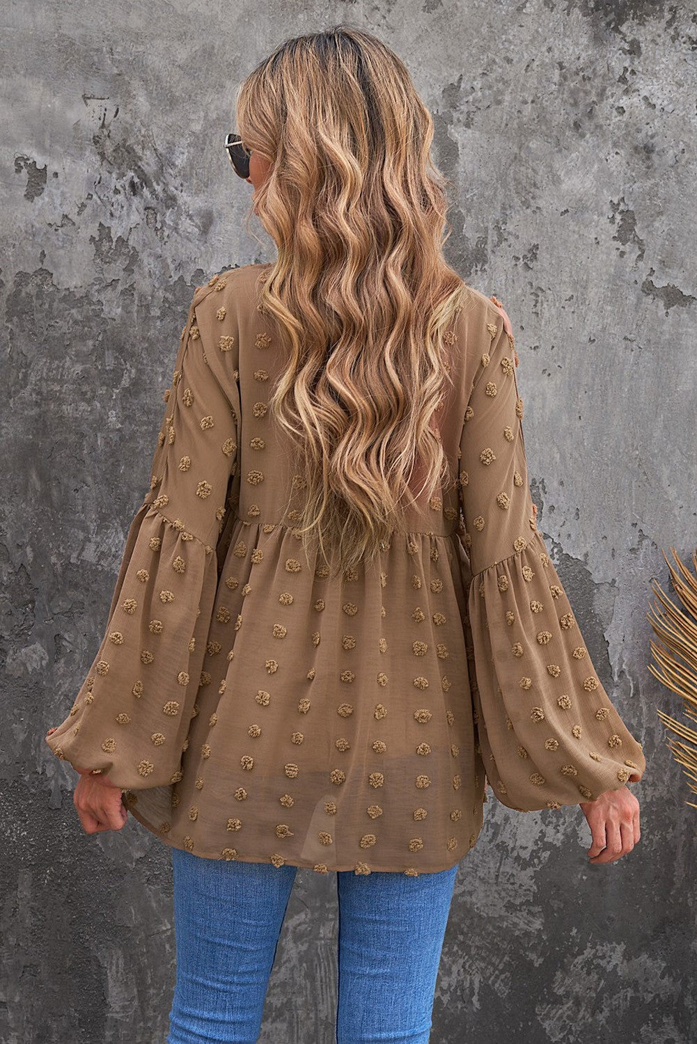 Swiss Dot Balloon Sleeve Loose Blouse