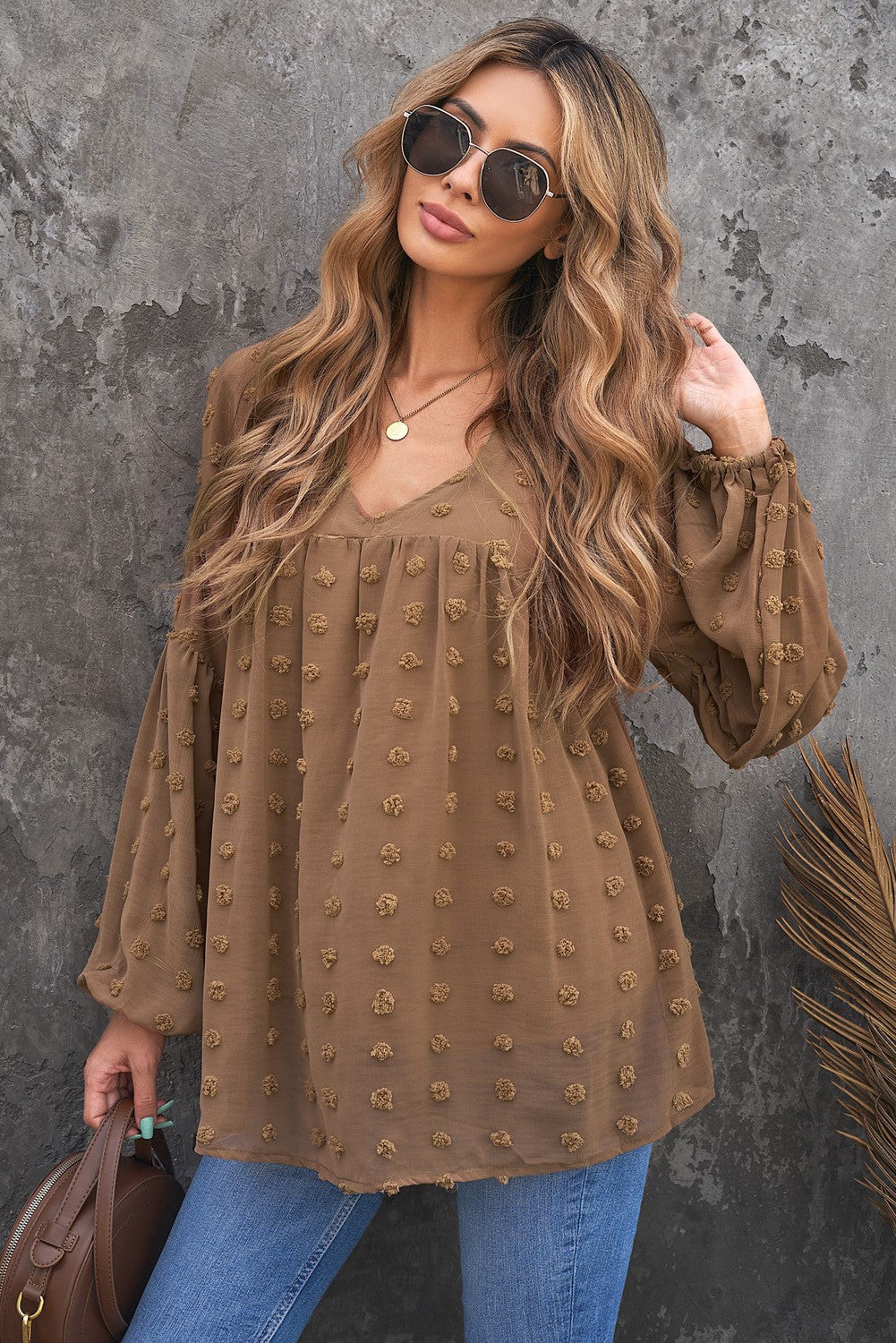 Swiss Dot Balloon Sleeve Loose Blouse
