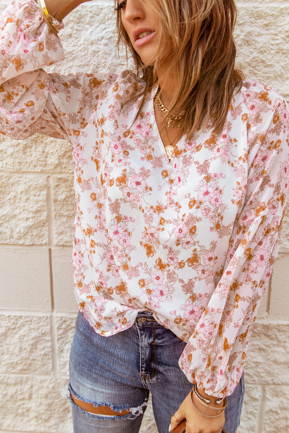 Floral Print V Neck Long Puff Sleeve Top | 2 Colors |