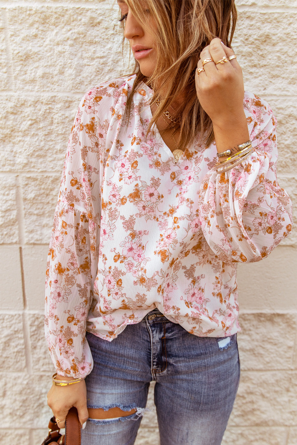 Floral Print V Neck Long Puff Sleeve Top | 2 Colors |