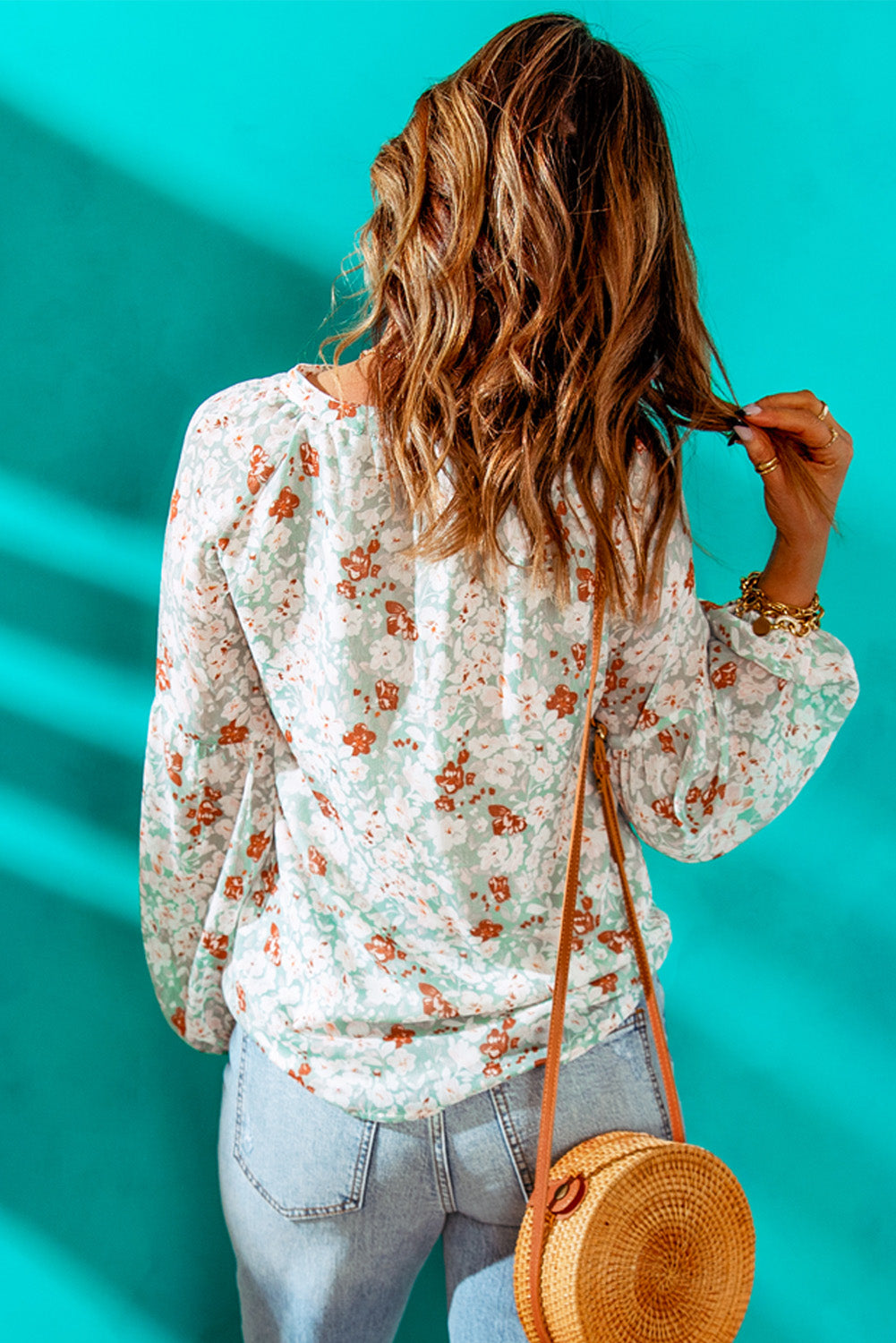 Floral Print V Neck Long Puff Sleeve Top | 2 Colors |