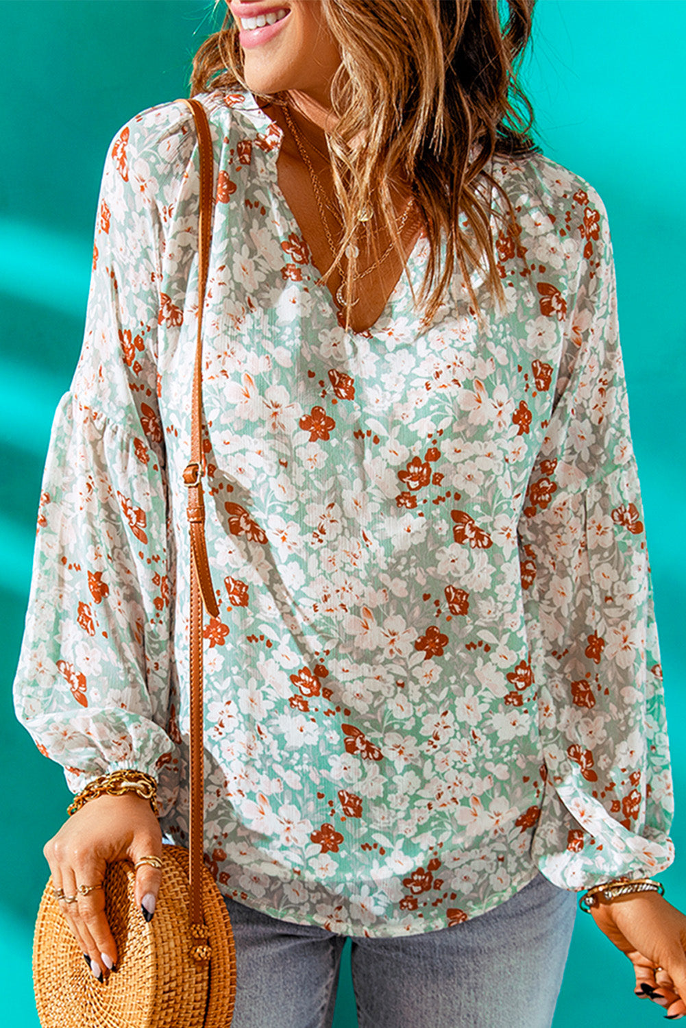 Floral Print V Neck Long Puff Sleeve Top | 2 Colors |