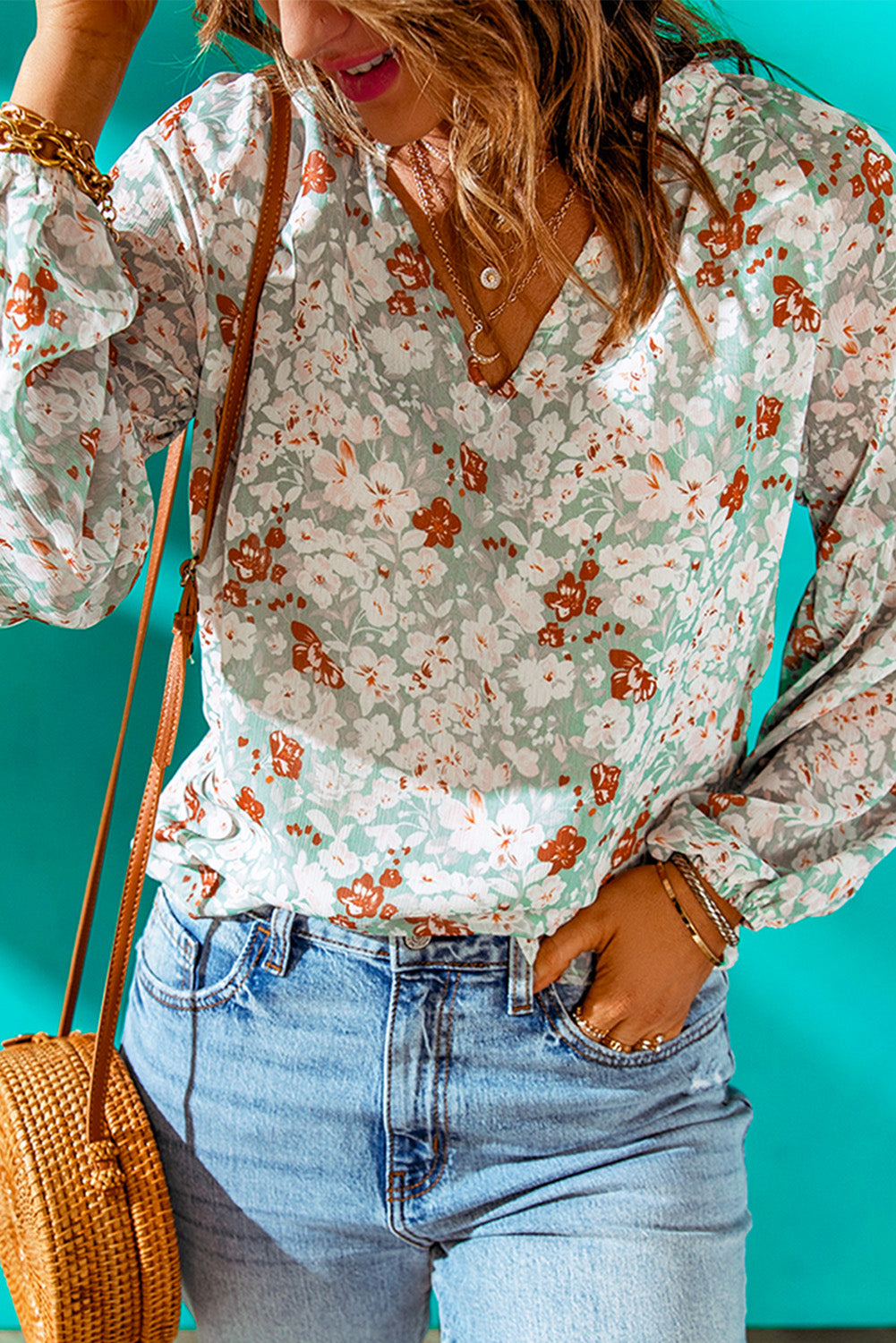Floral Print V Neck Long Puff Sleeve Top | 2 Colors |
