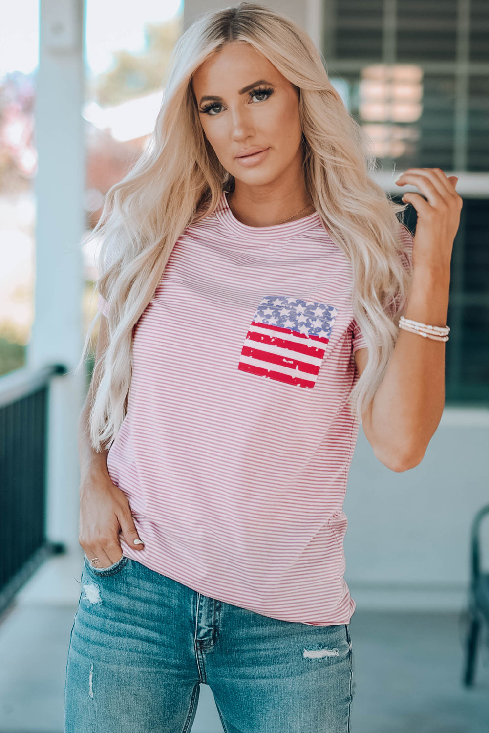 Pink Stripes American Flag Chest Pocket T Shirt
