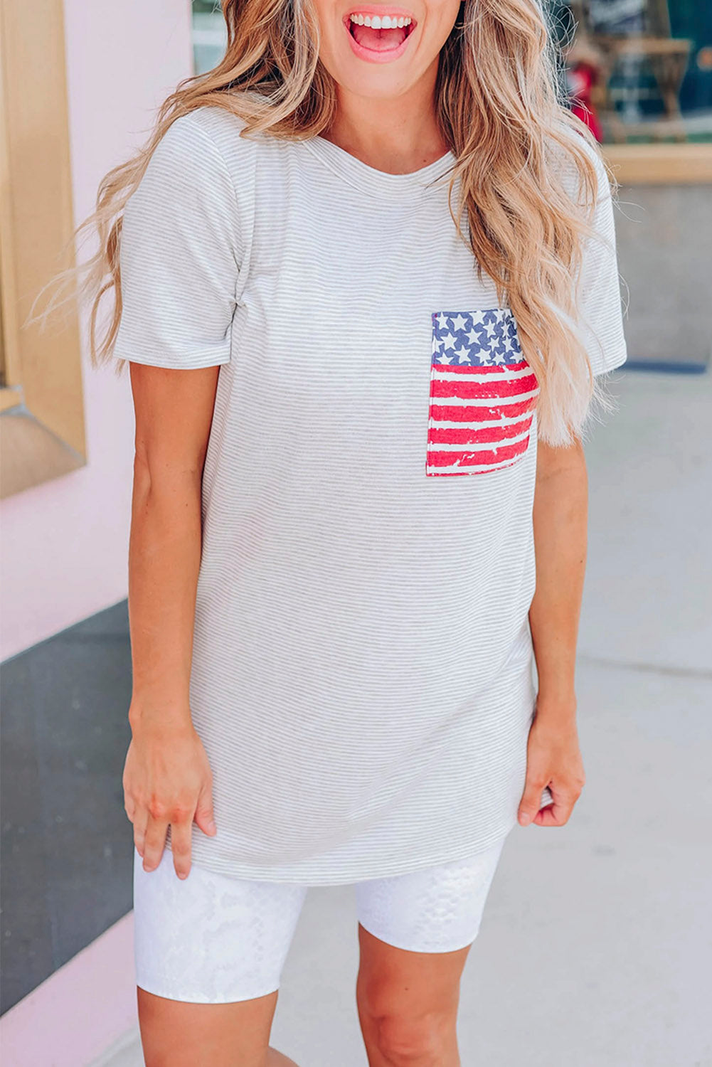 Gray Stripes American Flag Chest Pocket T Shirt
