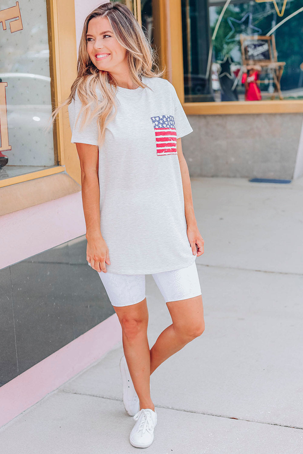 Gray Stripes American Flag Chest Pocket T Shirt