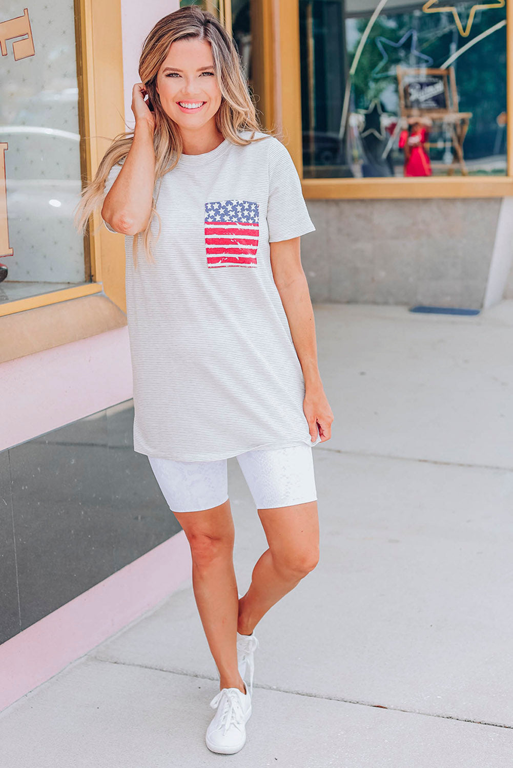 Gray Stripes American Flag Chest Pocket T Shirt