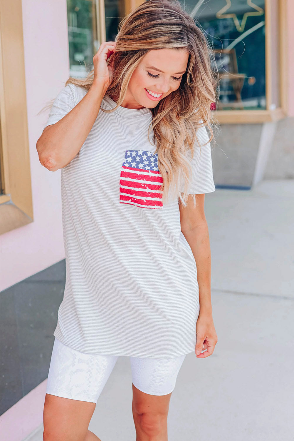 Gray Stripes American Flag Chest Pocket T Shirt