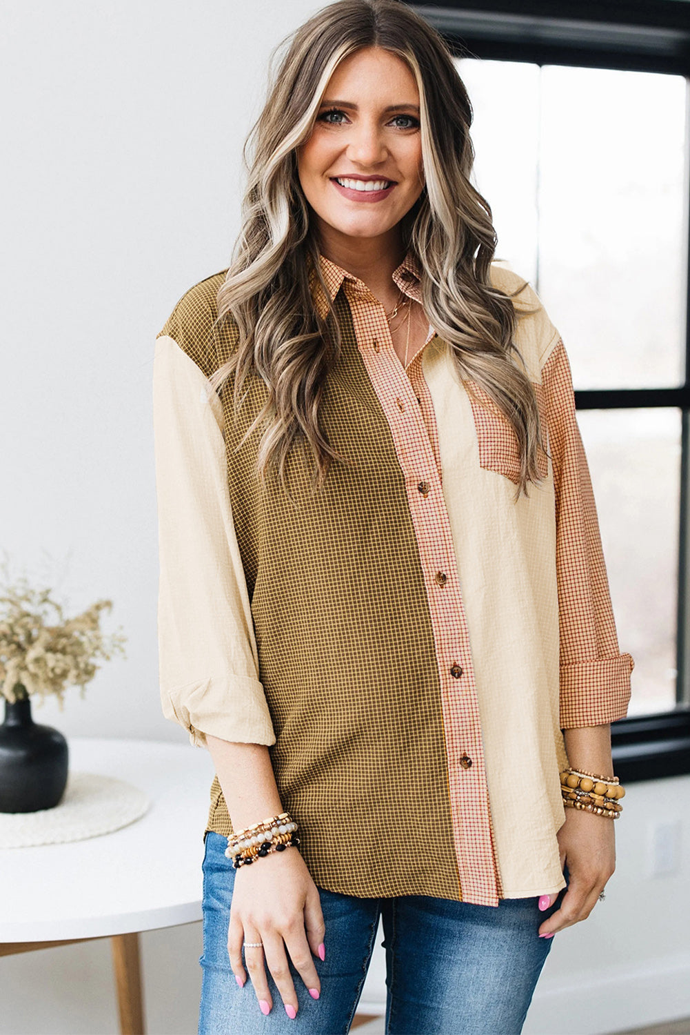 Patch Pocket Plaid Colorblock Shirt