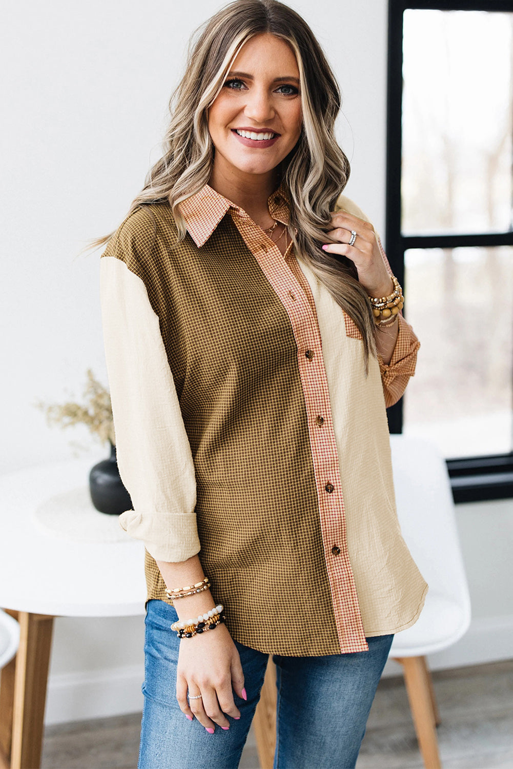 Patch Pocket Plaid Colorblock Shirt