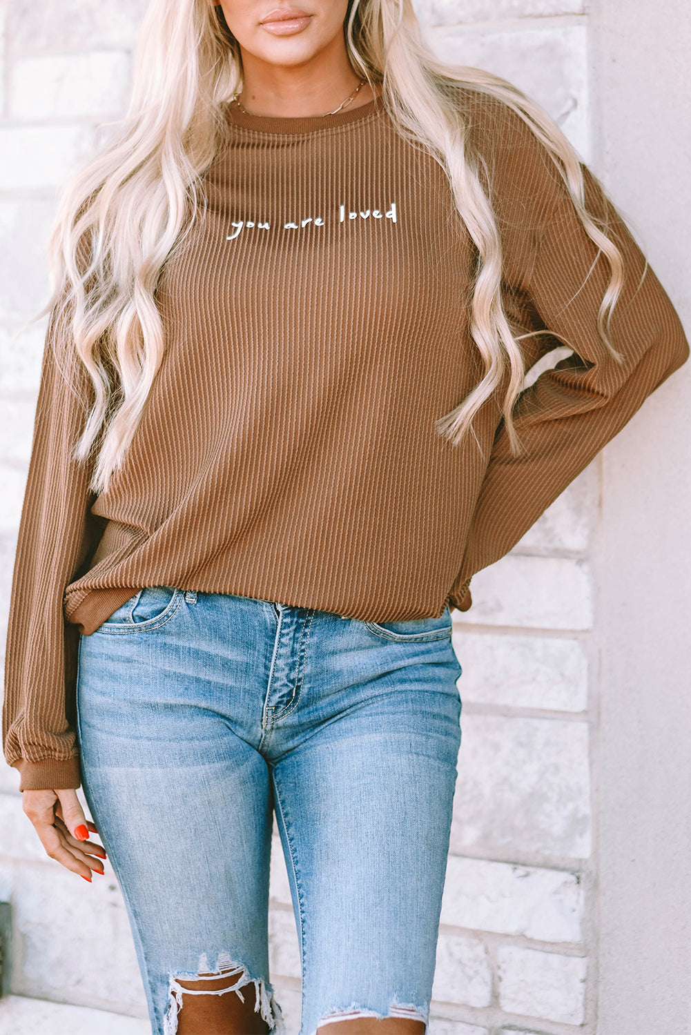 You Are Loved Print Ribbed Sweatshirt