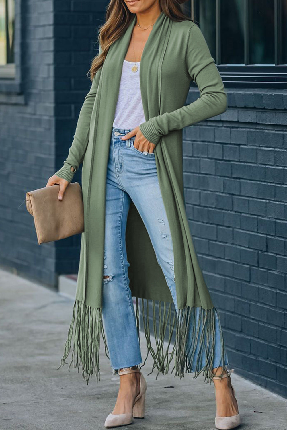 Fringed Hem Open Cardigan
