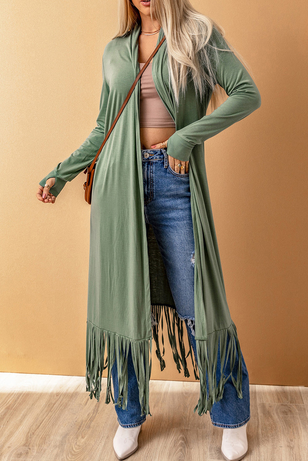 Fringed Hem Open Cardigan