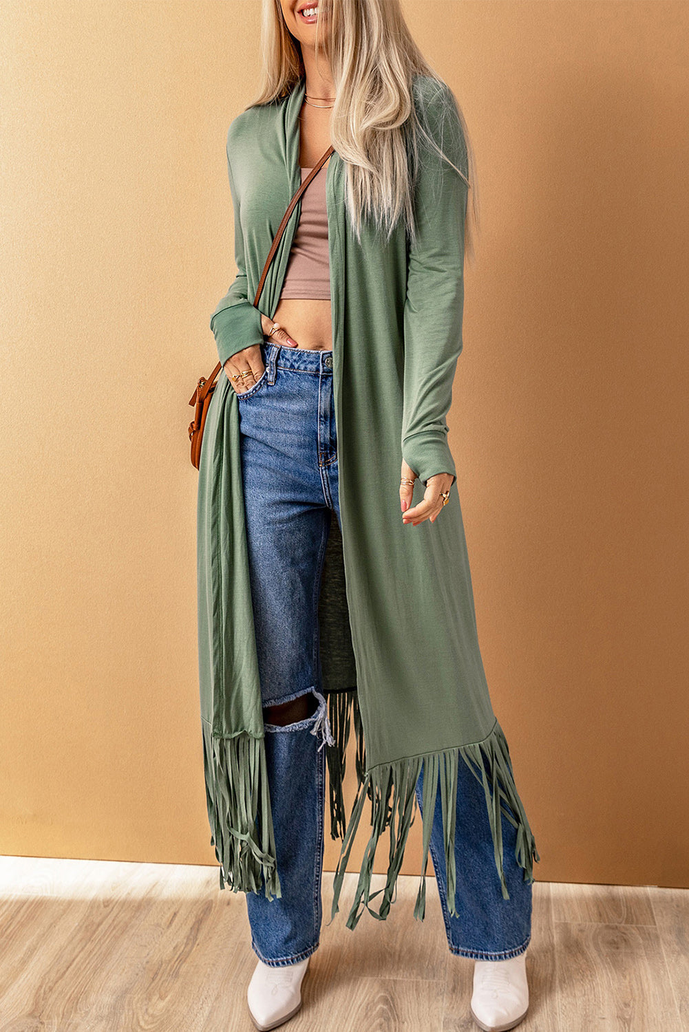 Fringed Hem Open Cardigan