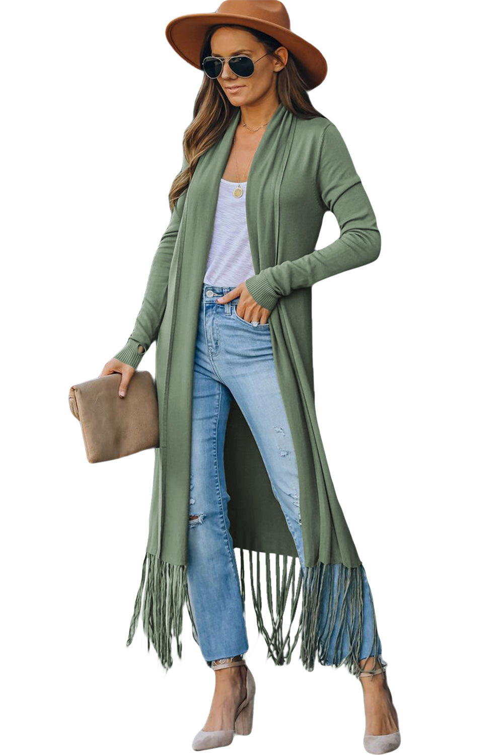 Fringed Hem Open Cardigan