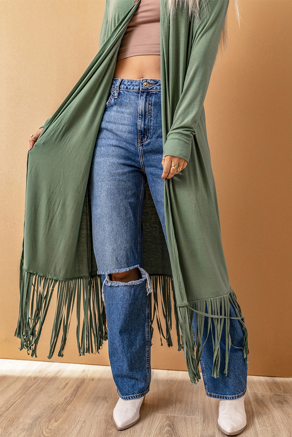 Fringed Hem Open Cardigan