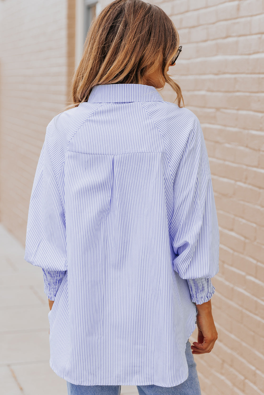 Blue Smocked Cuffed Striped Boyfriend Shirt with Pocket