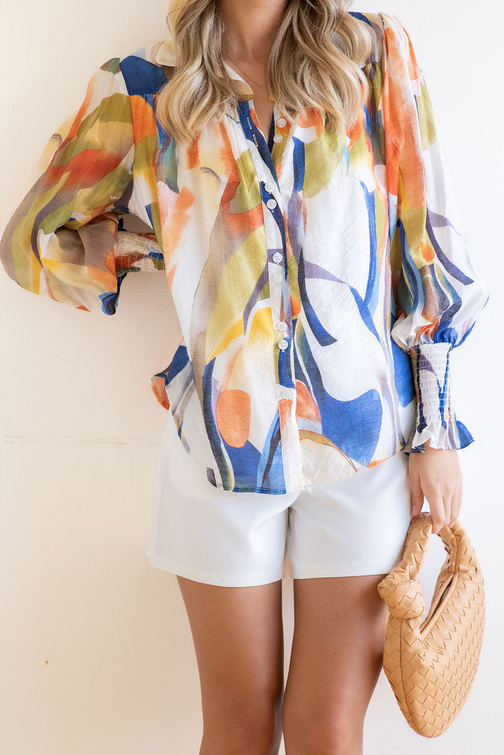 Abstract Print Buttoned V Neck Long Sleeve Blouse