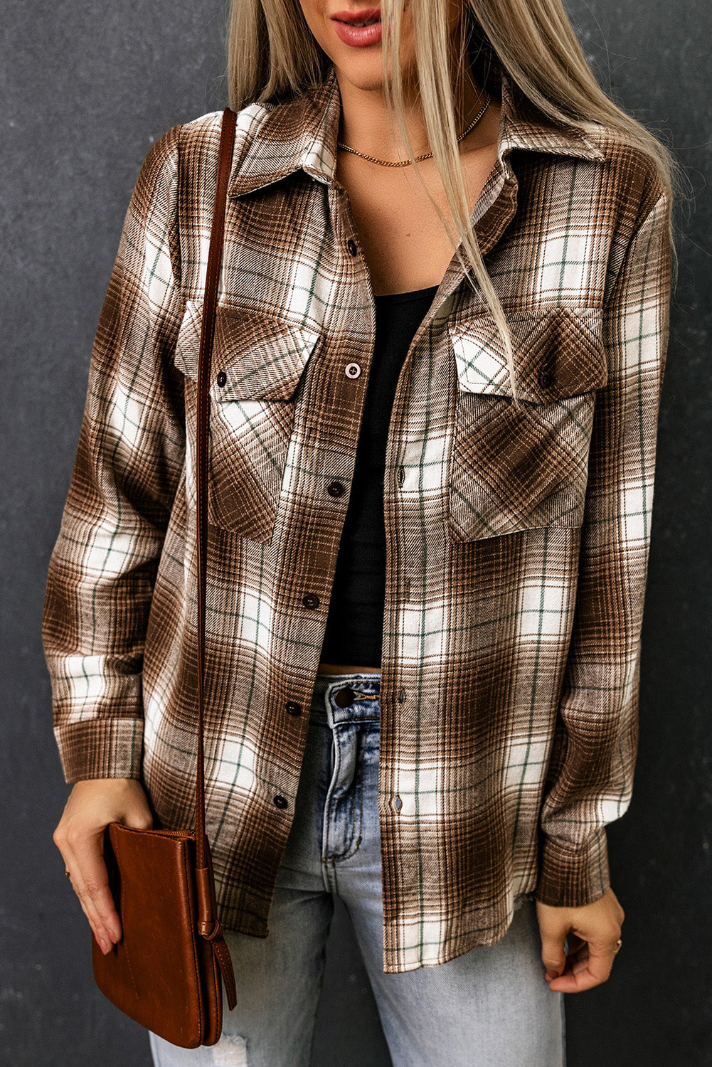 Brown Plaid Print Chest Pockets Buttoned Shirt