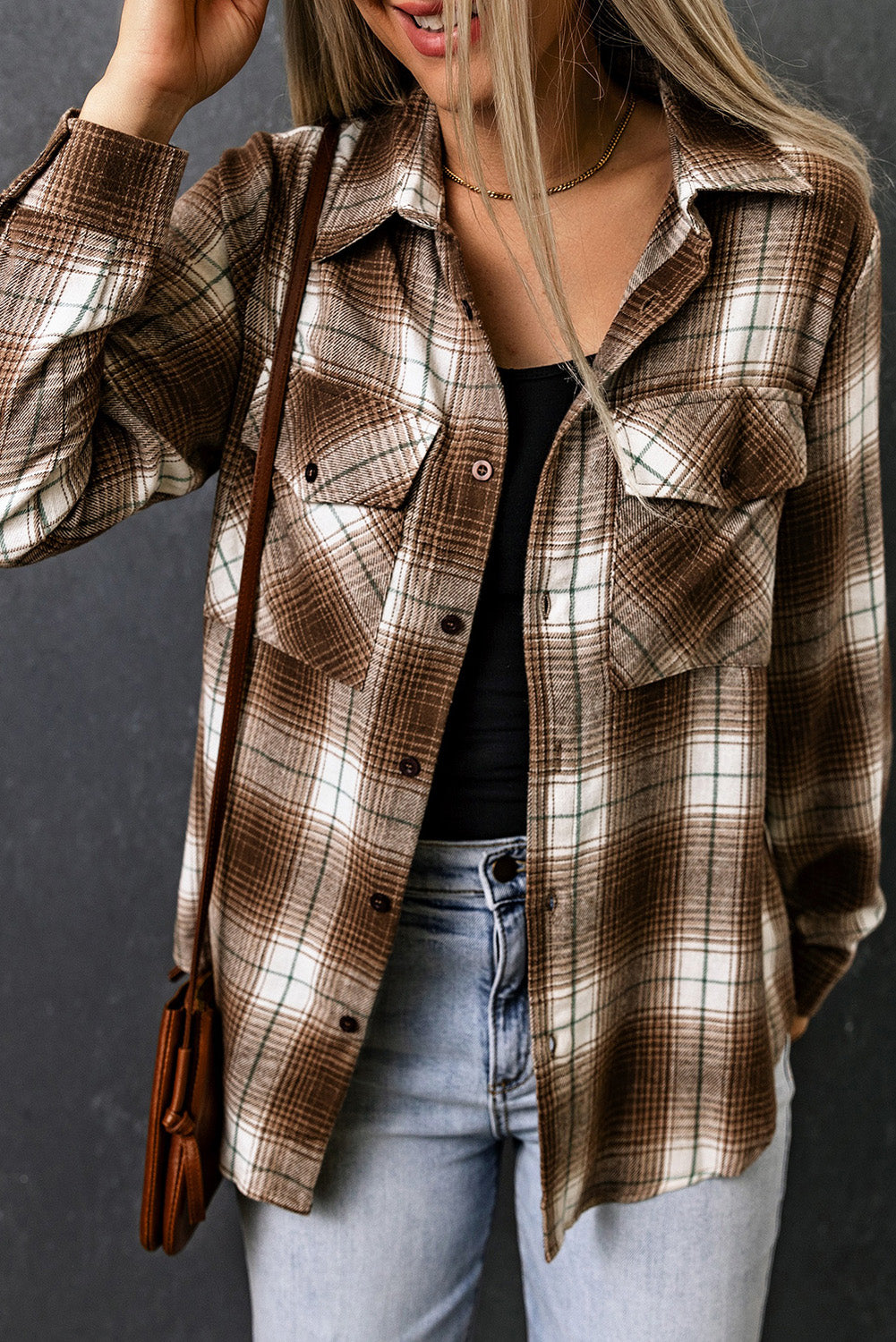 Brown Plaid Print Chest Pockets Buttoned Shirt