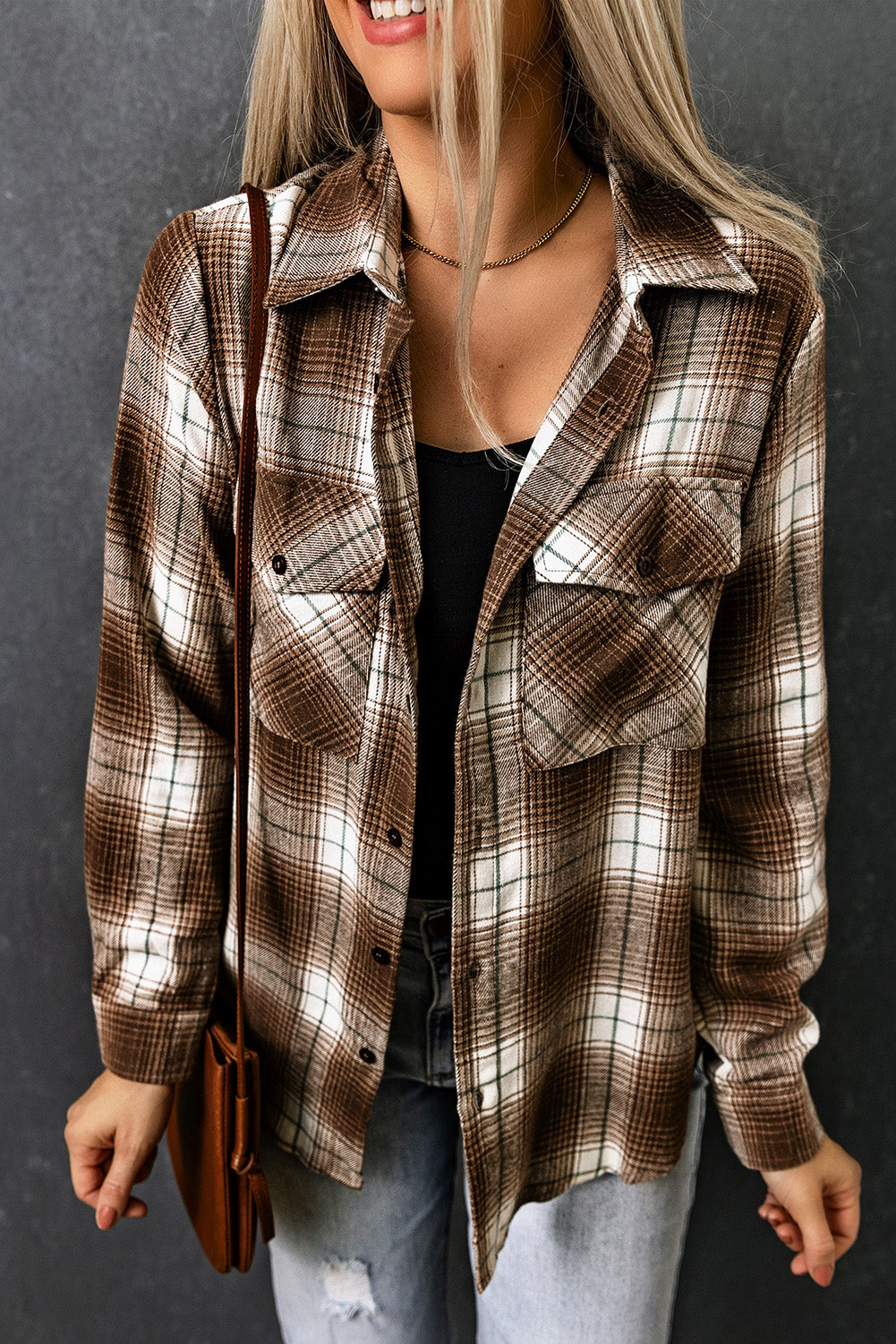Brown Plaid Print Chest Pockets Buttoned Shirt