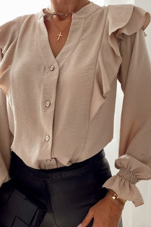 Flounce Sleeve Notched Neck Ruffled Shirt