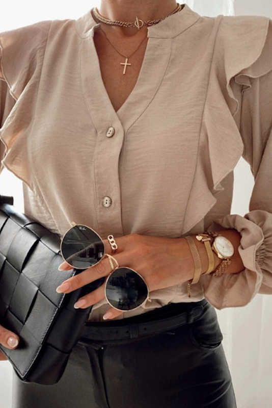 Flounce Sleeve Notched Neck Ruffled Shirt