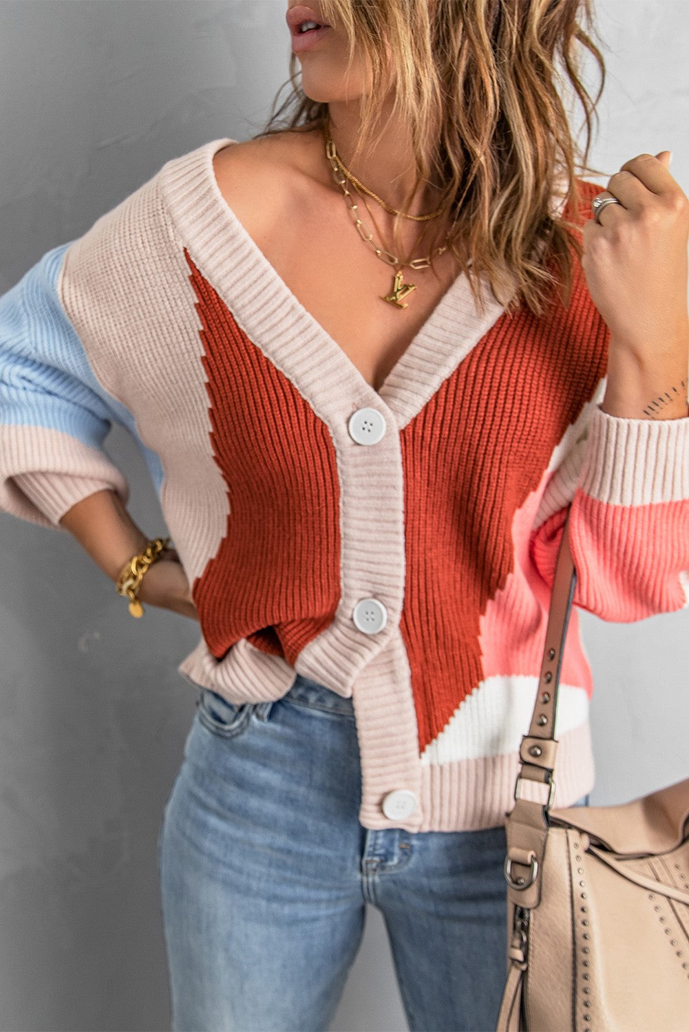 Color Block Button V Neck Sweater Cardigan