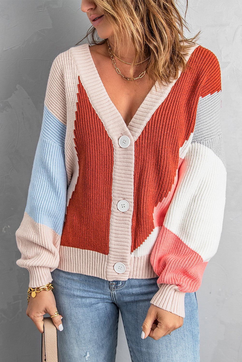 Color Block Button V Neck Sweater Cardigan